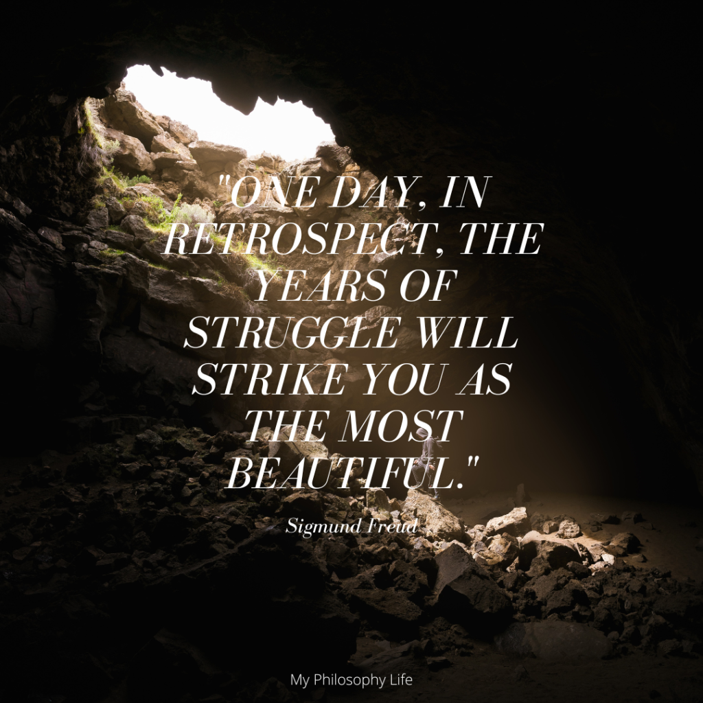 Image of the inspiring quote: "One day, in retrospect, the years of struggle will strike you as the most beautiful." from philosopher Freud.