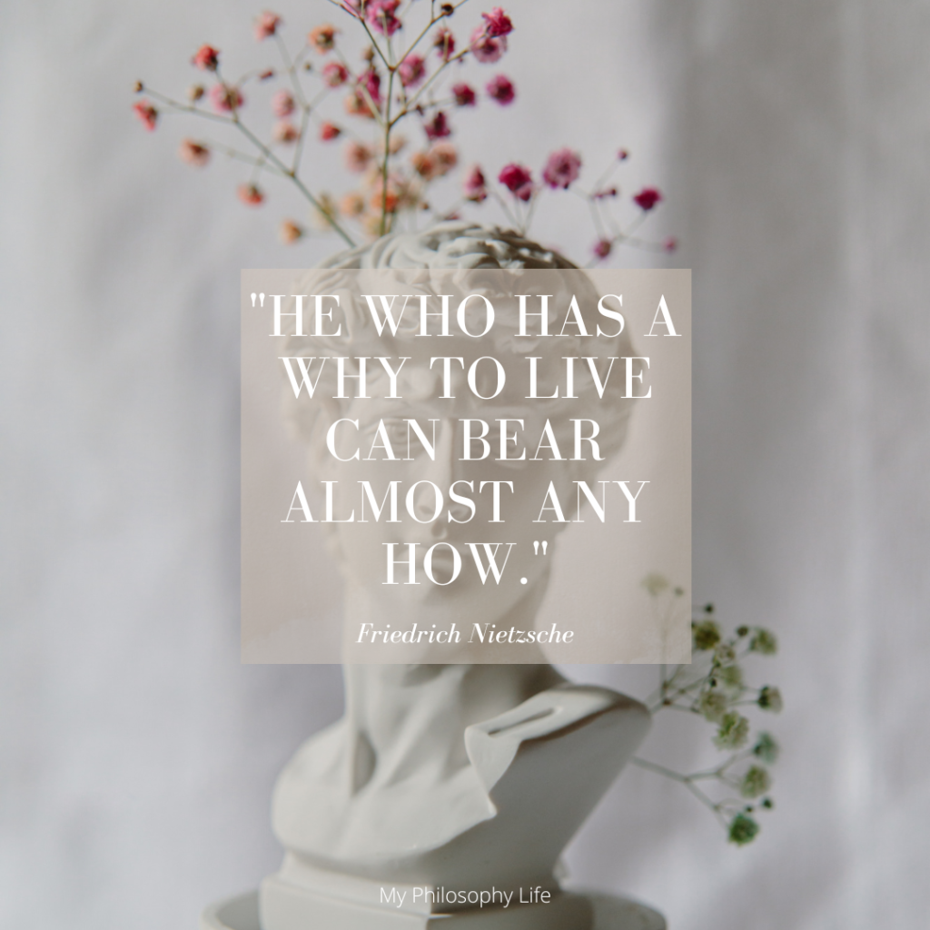 Image of the inspiring quote: "He who has a why to live can bear almost any how." from philosopher Nietzsche.